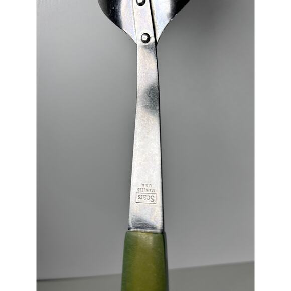 Vintage Sears Avocado Green Stainless Steel Serving Spoon Plastic Handle 12" - Picture 2 of 4